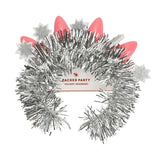 Packed Party Tinsel Topper Christmas Light Novelty Headband - Silver Tinsel with Pink Christmas Lights and Silver Glitter Stars for Holiday Parties, One Size