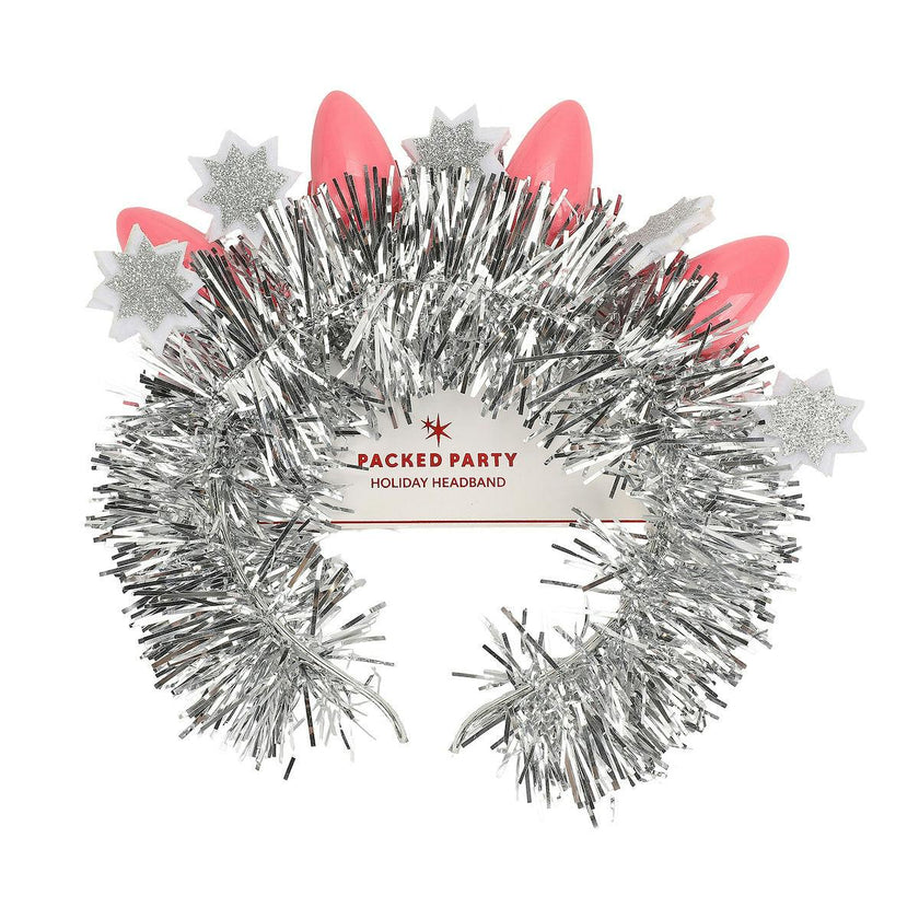 Packed Party Tinsel Topper Christmas Light Novelty Headband - Silver Tinsel with Pink Christmas Lights and Silver Glitter Stars for Holiday Parties, One Size