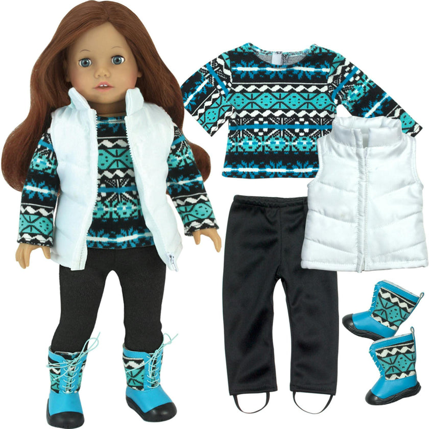 Sophia’s Teal & Black Ikat Print Sweater and Matching Boots, Black Leggings, and Puffy White Vest