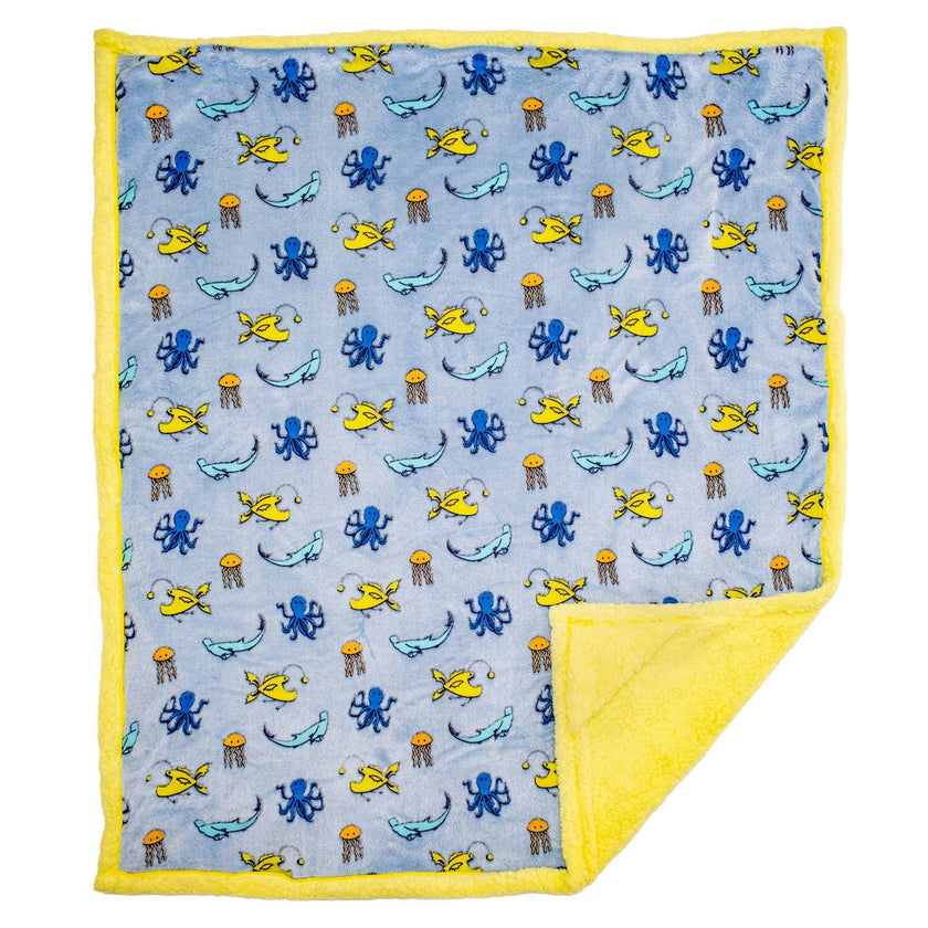 Cozy Switch Blanket – Reversible Sherpa & Glow-in-the-Dark Blanket with Plush Toy Pocket, Glow Sea Critters