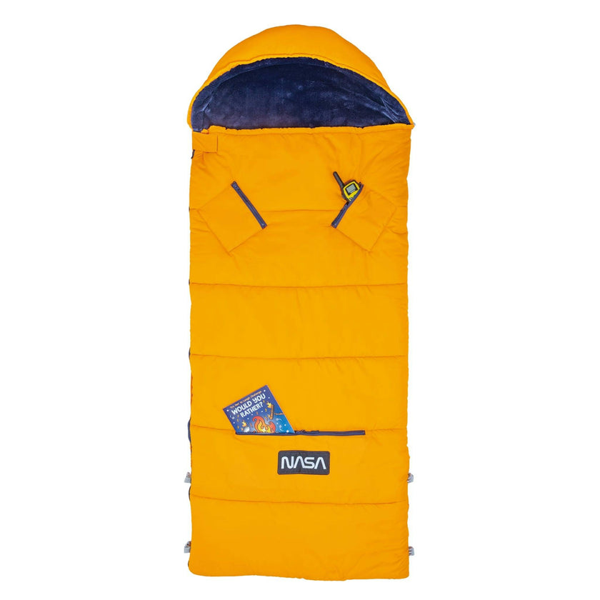 Sleep-N-Pack™ – Big Kid Size | NASA Official Logo & Patches | 2-in-1 Backpack & Sleeping Bag with Cozy Fleece Liner - ORANGE