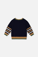 Knit Sweater With Intarsia Dark Blue, Brown And Beige