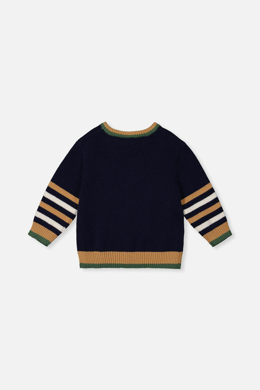 Knit Sweater With Intarsia Dark Blue, Brown And Beige