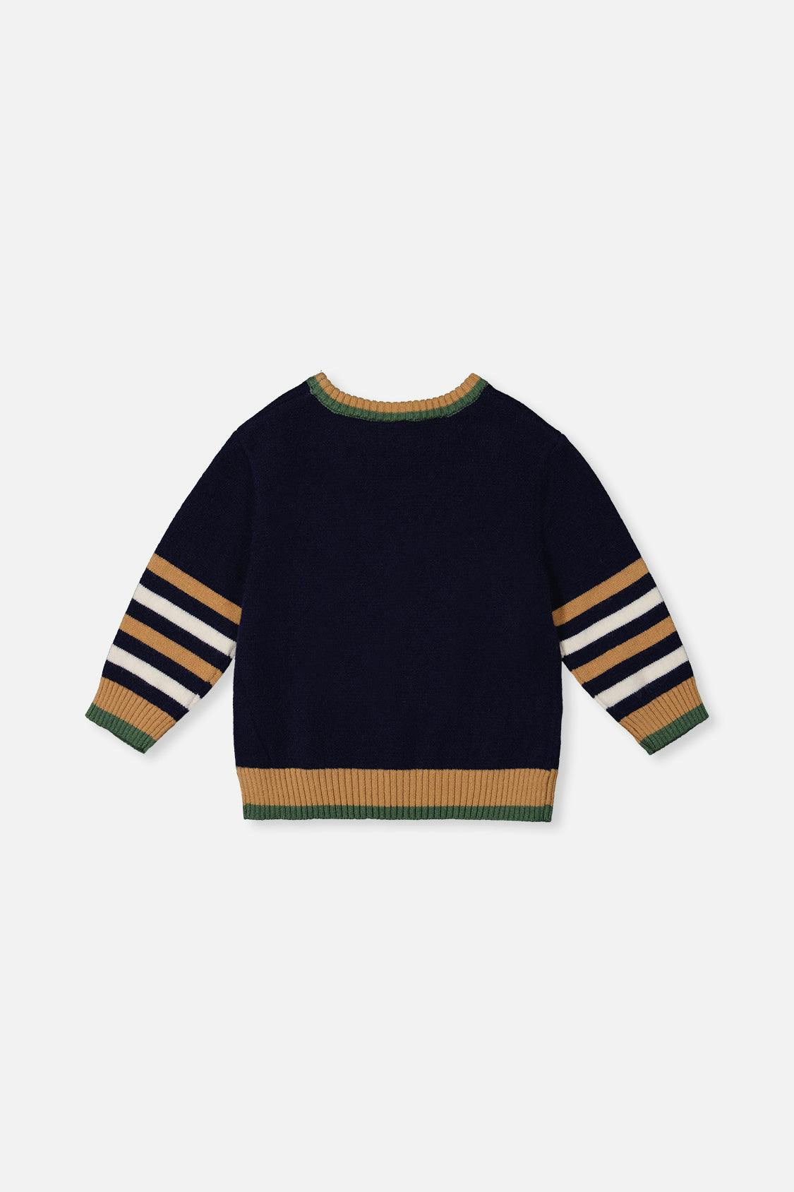 Knit Sweater With Intarsia Dark Blue, Brown And Beige