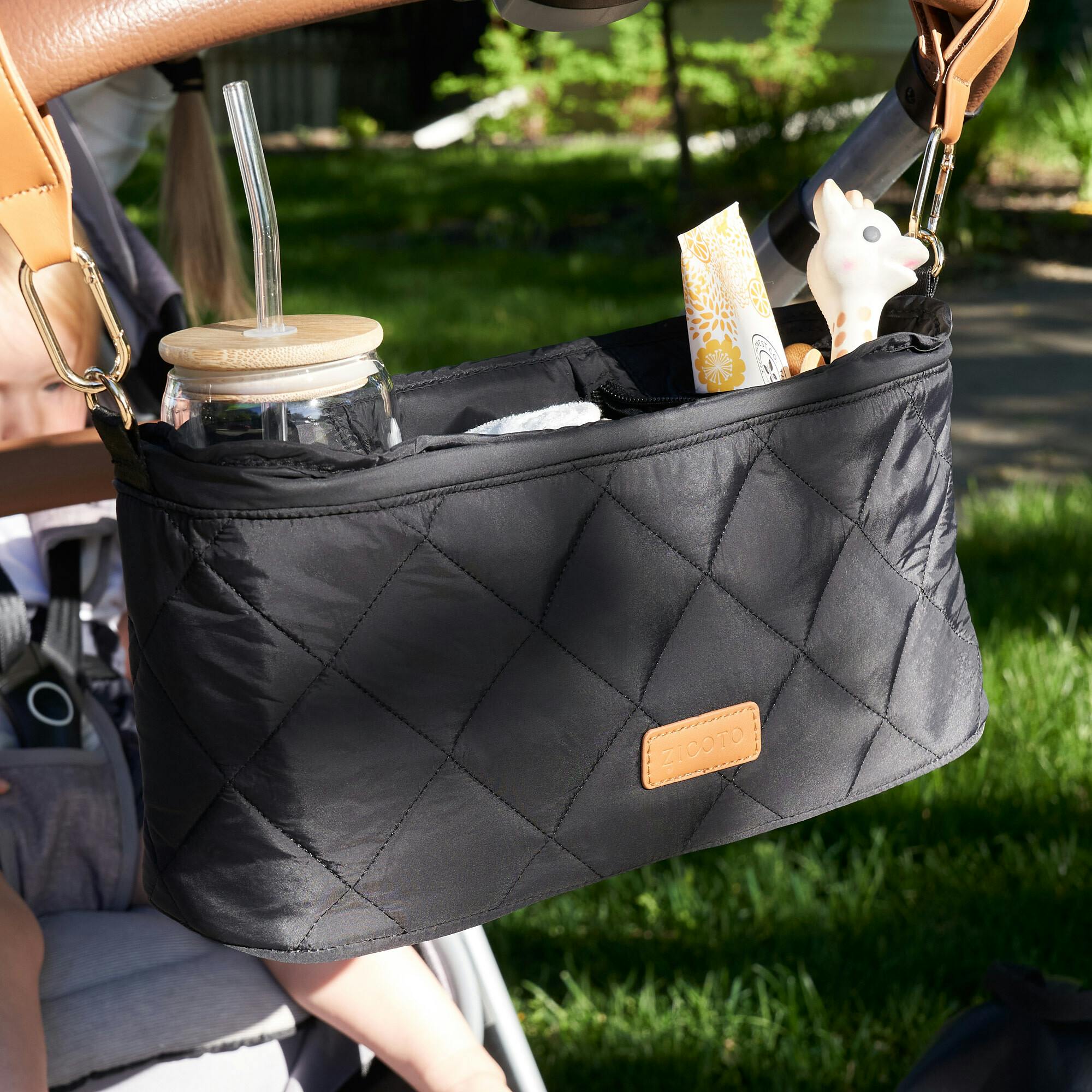 ZICOTO Beautiful Stroller Organizer Bag - Easy to Install Stroller Caddy incl. Cup Holder Attachment - Perfectly Sized Accessories For Any Stroller