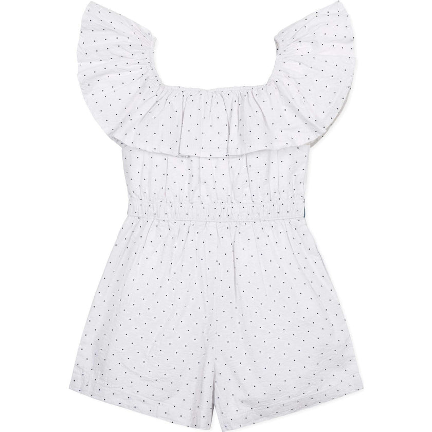 Organic Ruffle Collar Button Front Seersucker Romper, White