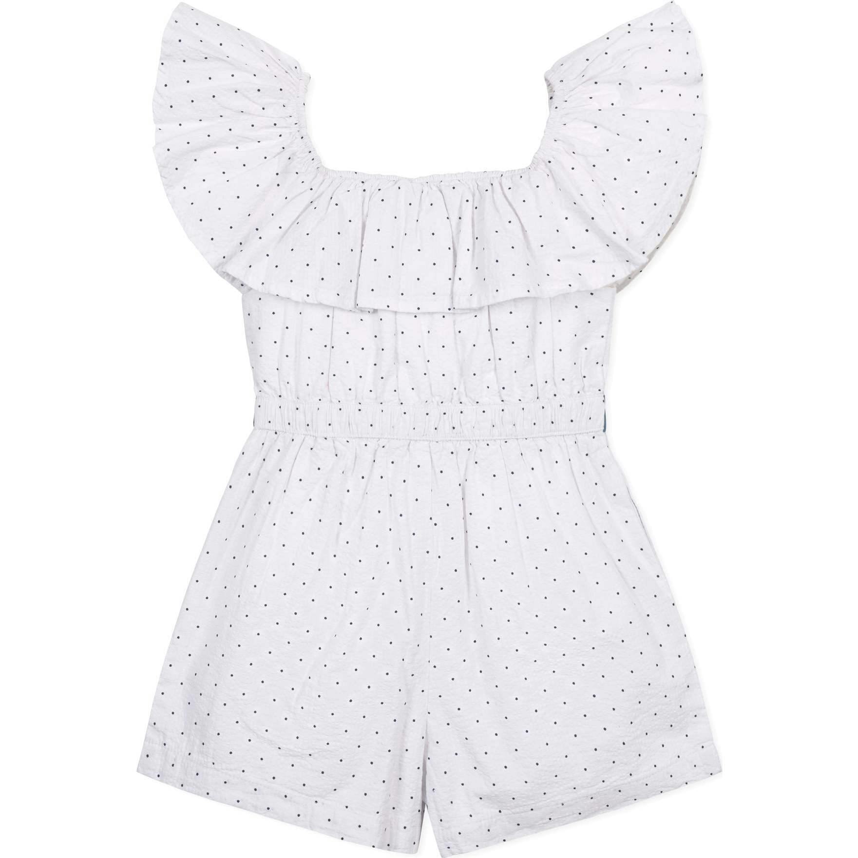 Organic Ruffle Collar Button Front Seersucker Romper, White