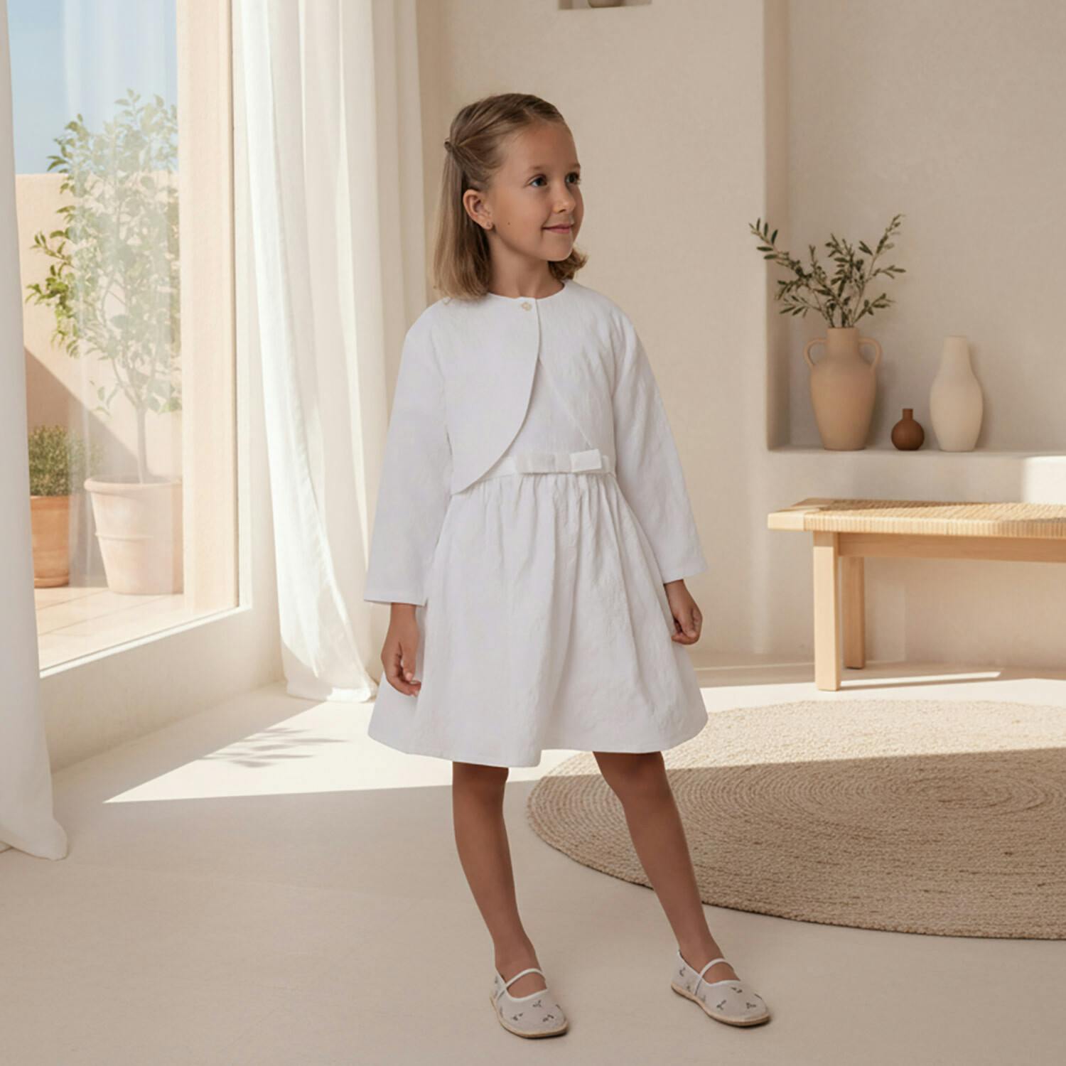 Eryna Girl Dress Short Sleeve, White Grape Embroidery
