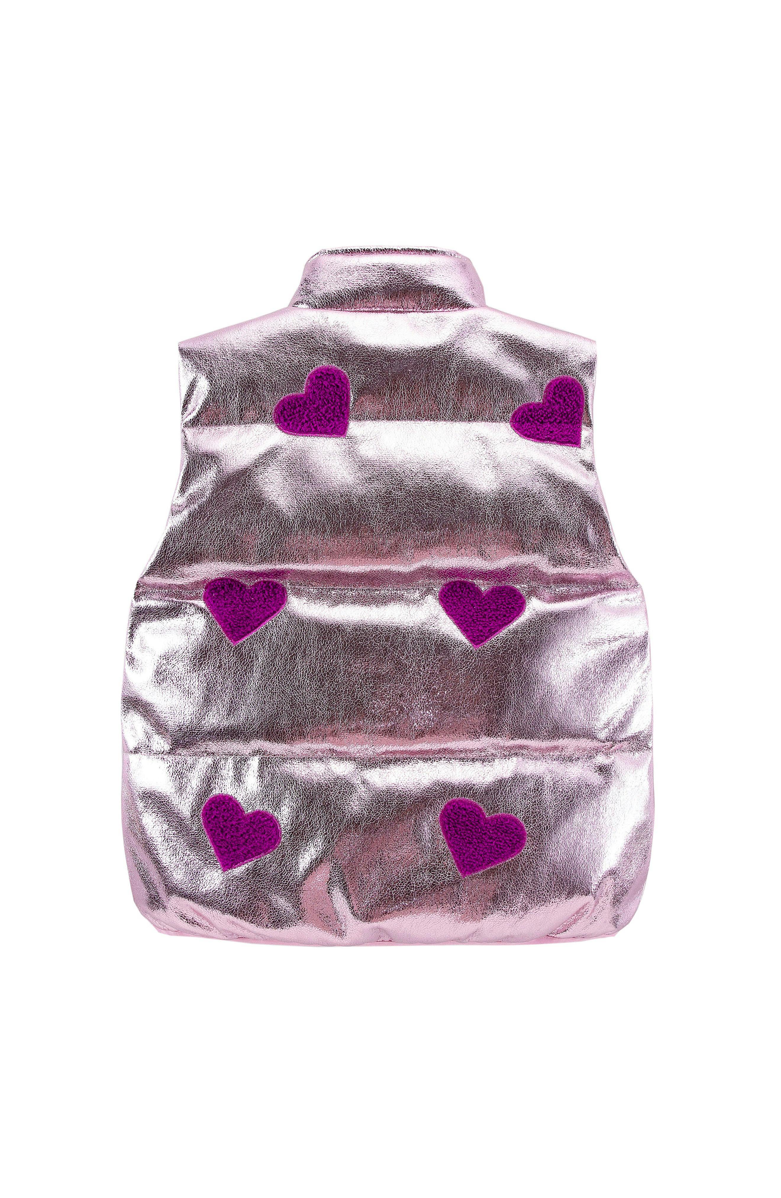 Remy Metallic Patch Puffer Vest, Pink Hearts
