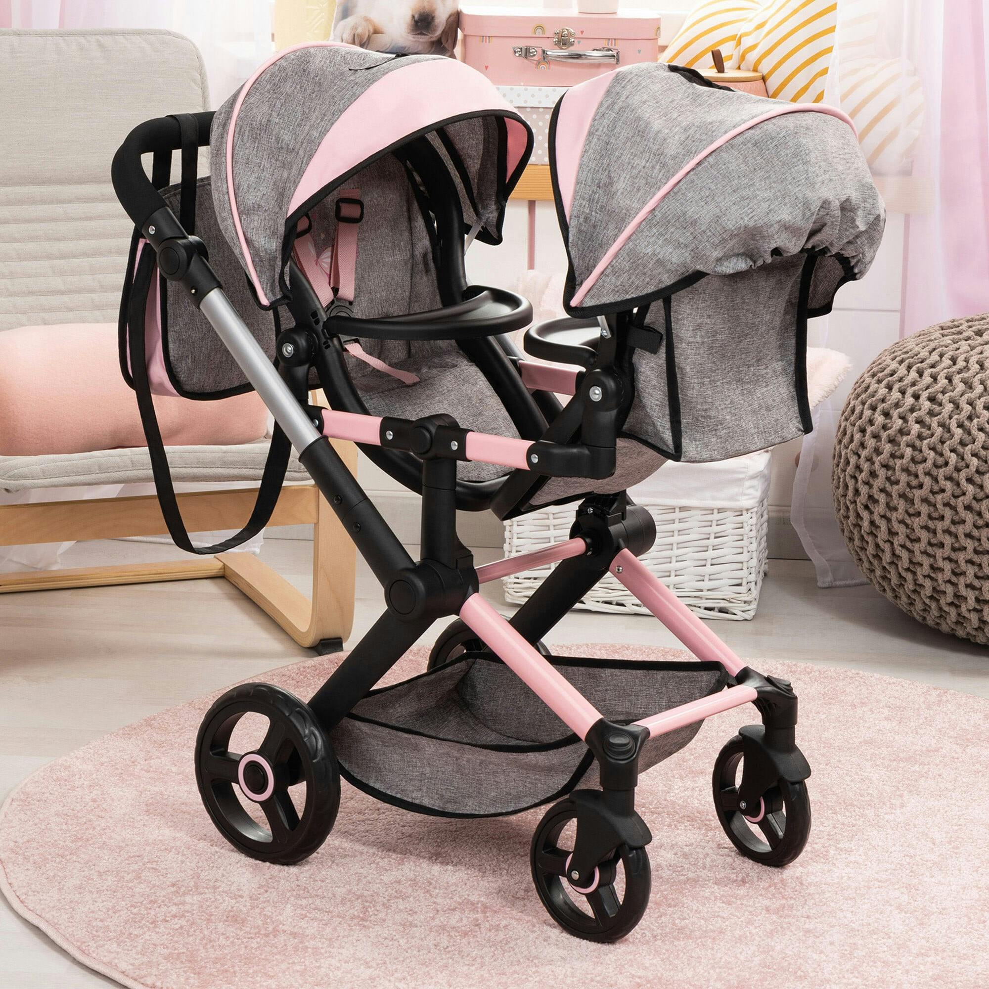 Bayer Design Dolls: Xeo Twin Pram - Grey & Pink