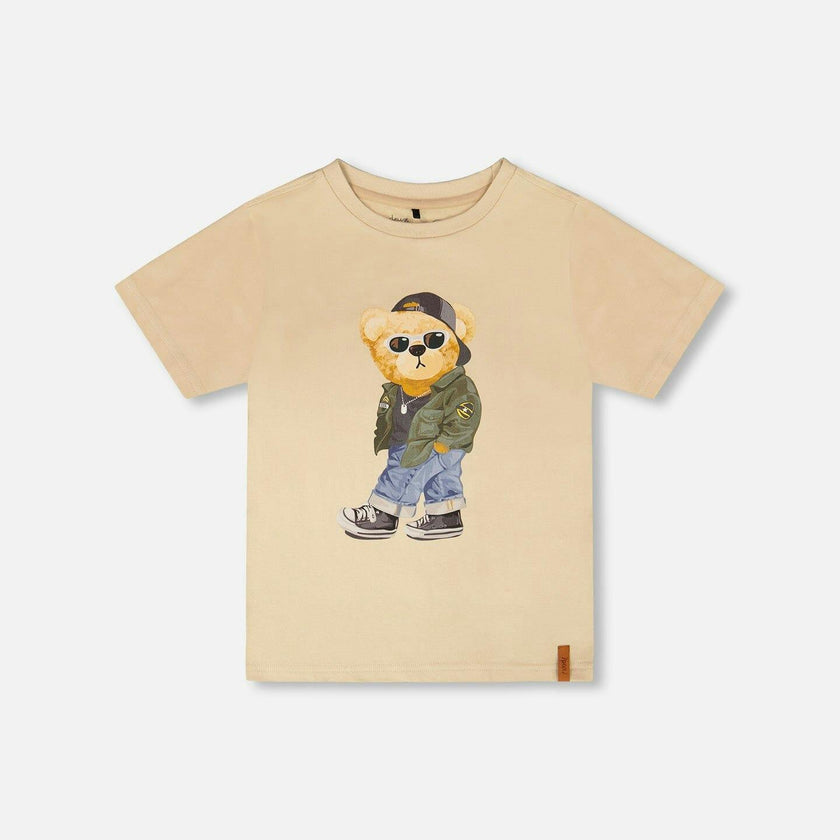 Organic Cotton Jersey T-Shirt With Print Beige