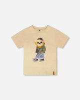 Organic Cotton Jersey T-Shirt With Print Beige