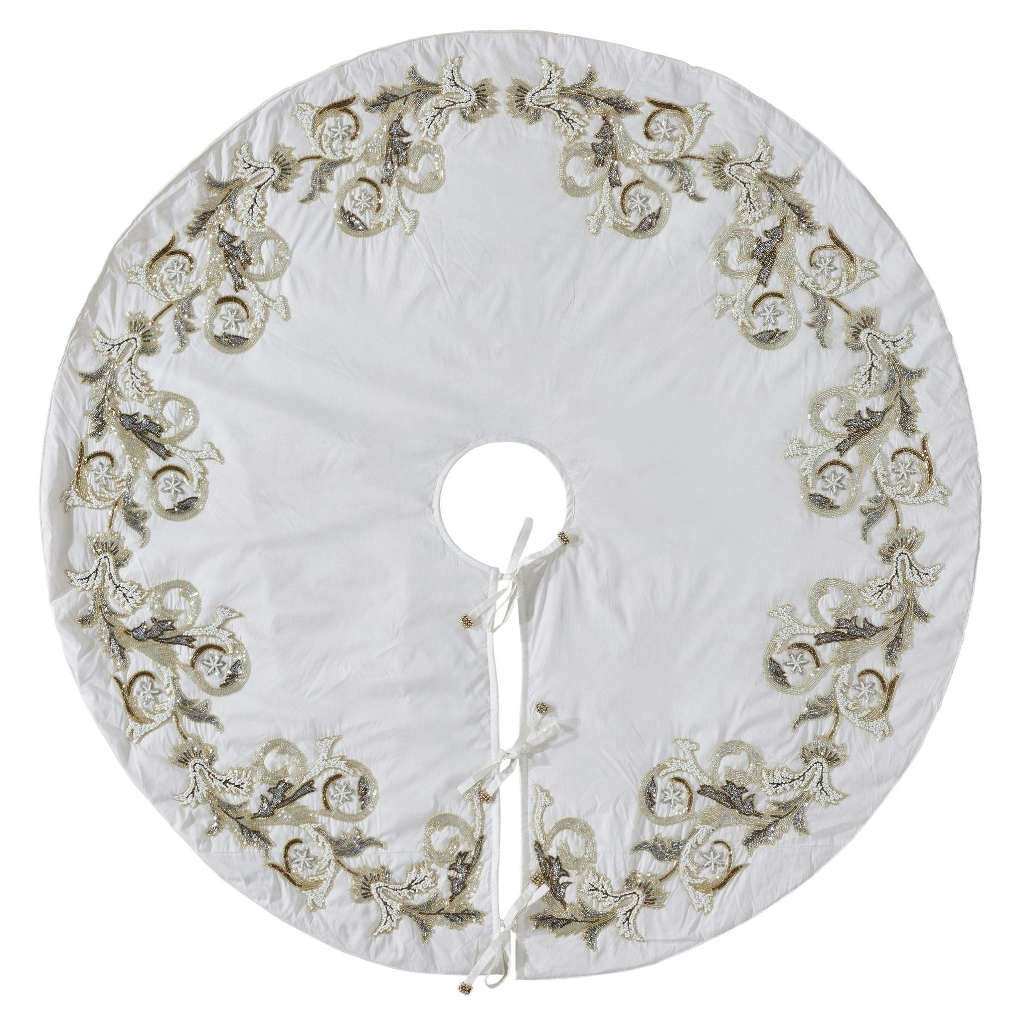 Hand Beaded Imperial Design Large Silk Cream Christmas Tree Skirt 60