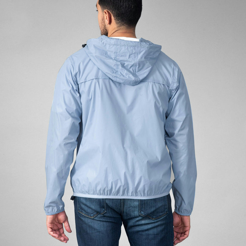 Powder blue full zip packable rain jacket and windbreaker