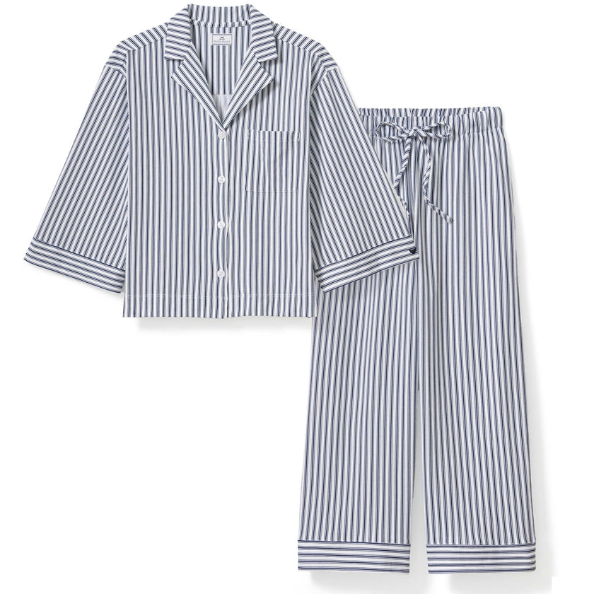 The Olivia Wide Leg Pima Pajama Set in Navy French Ticking