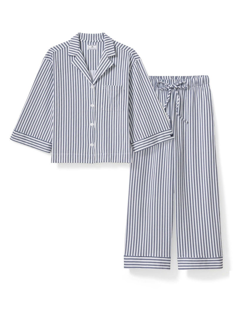 The Olivia Wide Leg Pima Pajama Set in Navy French Ticking