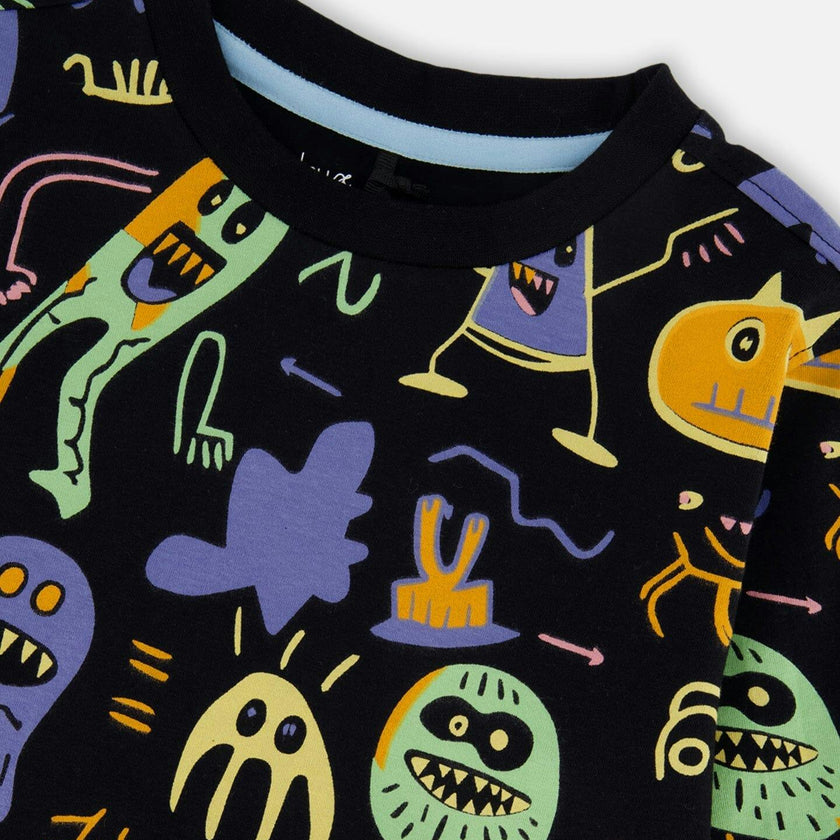 Long Sleeve Organic Cotton Allover Monsters Print Tee