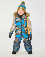 Kids One Piece Play Snowsuit Grey And Blue Dinosaur Print