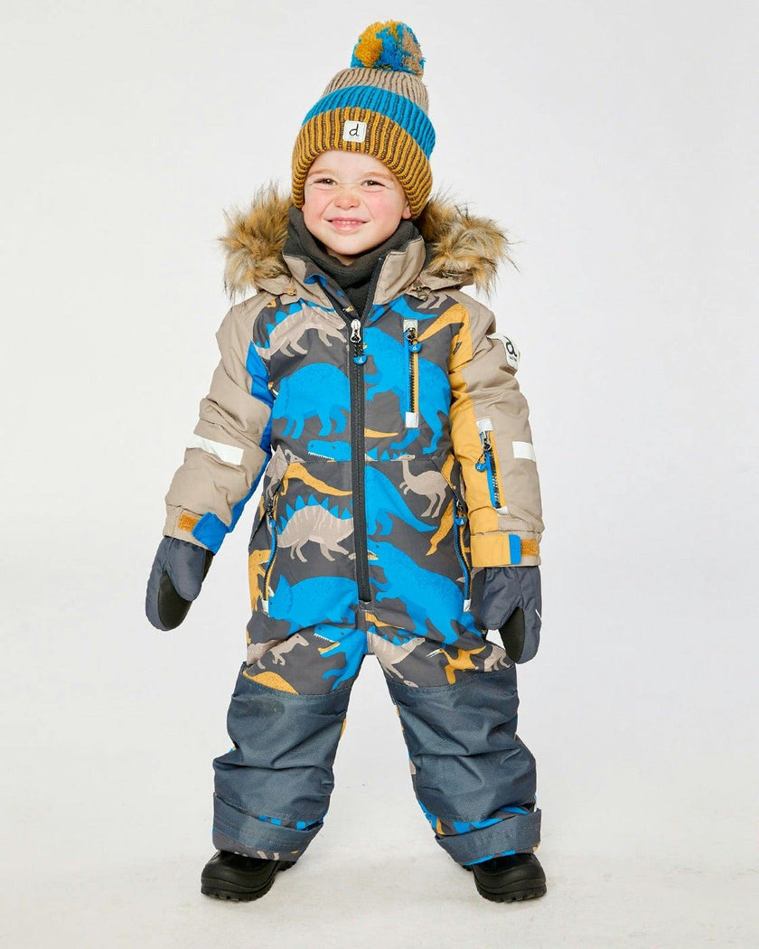 Kids One Piece Play Snowsuit Grey And Blue Dinosaur Print