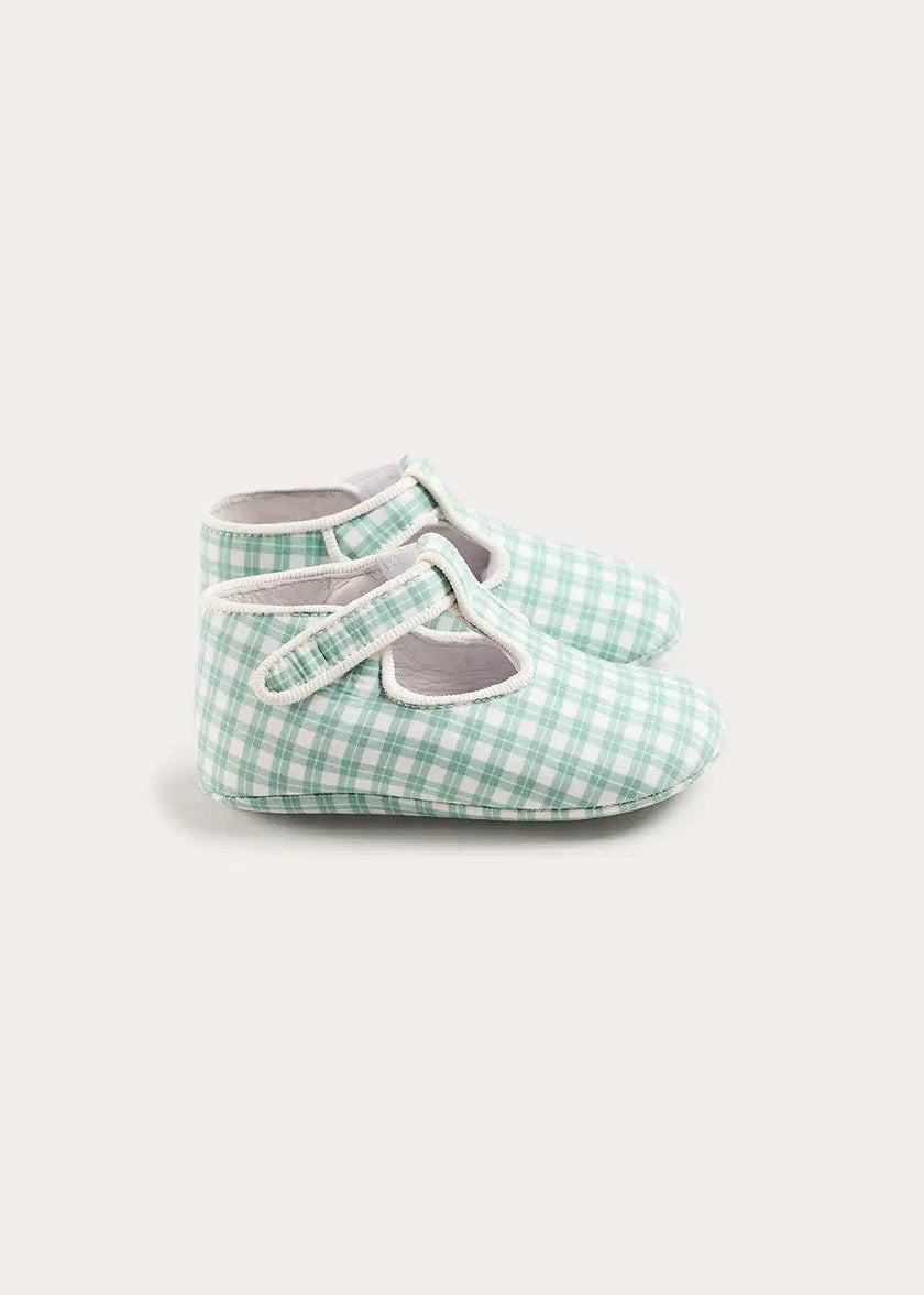 Lucas Check T-Bar Pram Shoes in Green (17-20EU)