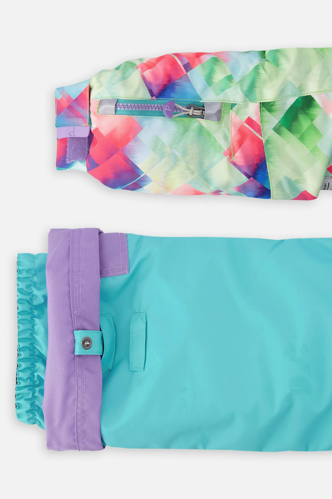 Two Piece Play Snowsuit Multicolored With A Diamond Pattern With Turquoise And Purple Pants
