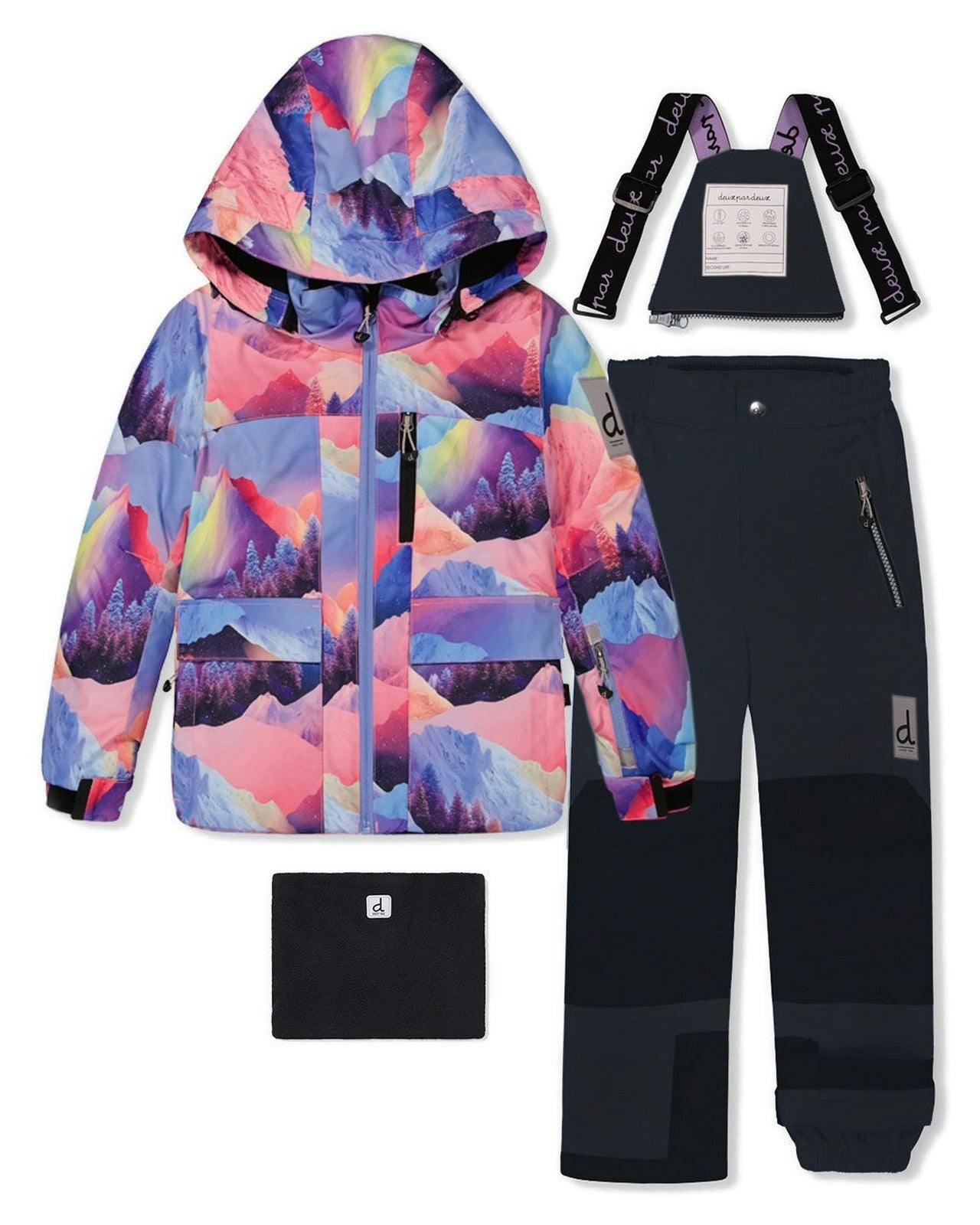 Two Piece Play Snowsuit Pink Mountain Print With Black Pants