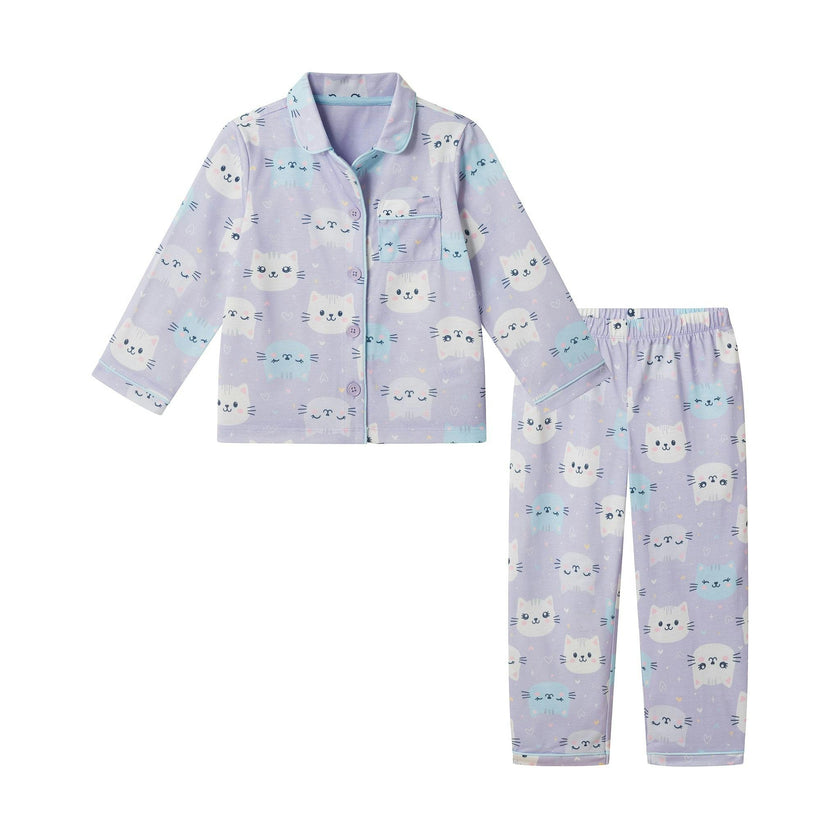 Girls Buttondown Pajama Set | Kitty Cats - Purple
