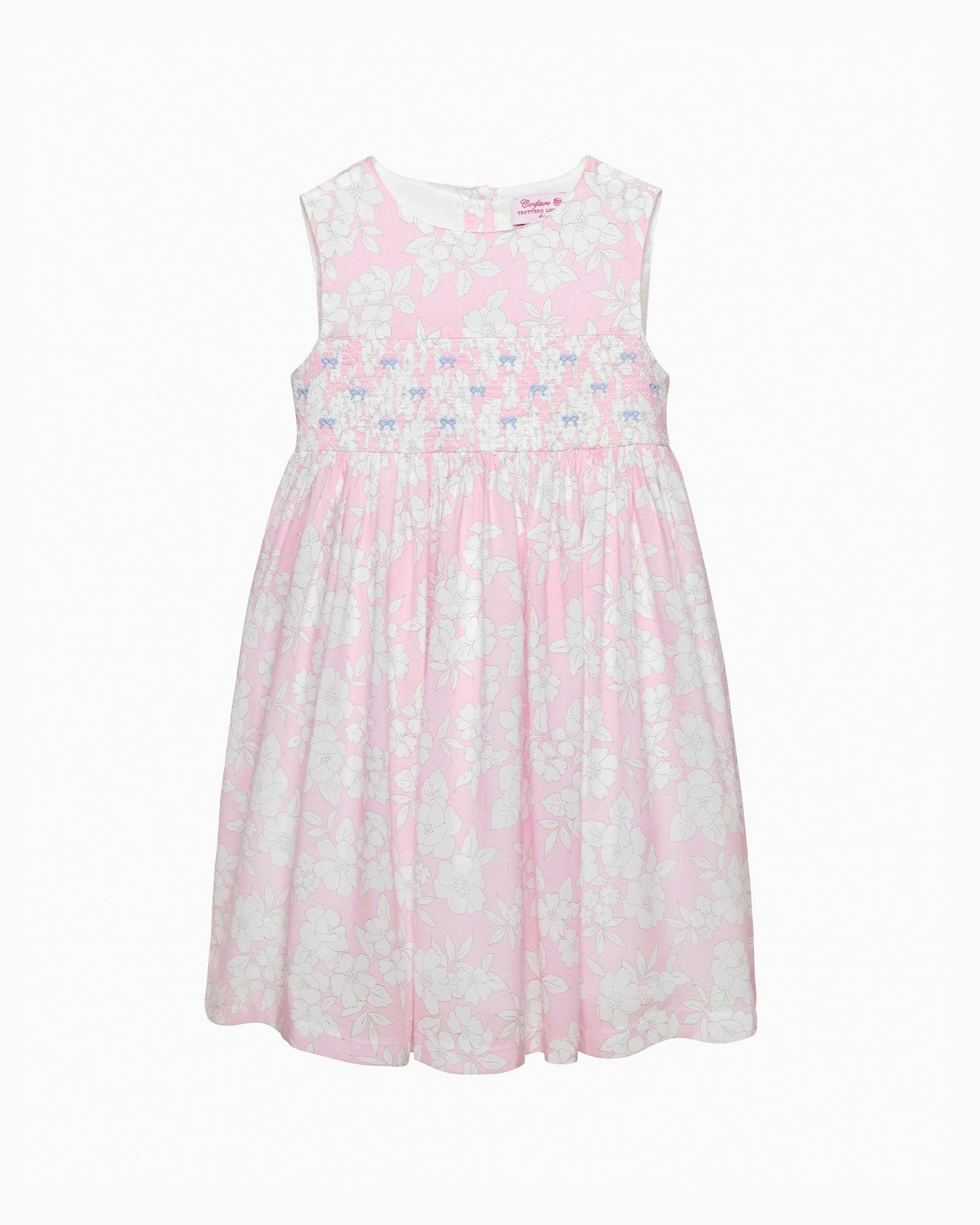 Molly Smocked Pinafore Dress in Pale Pink Floral