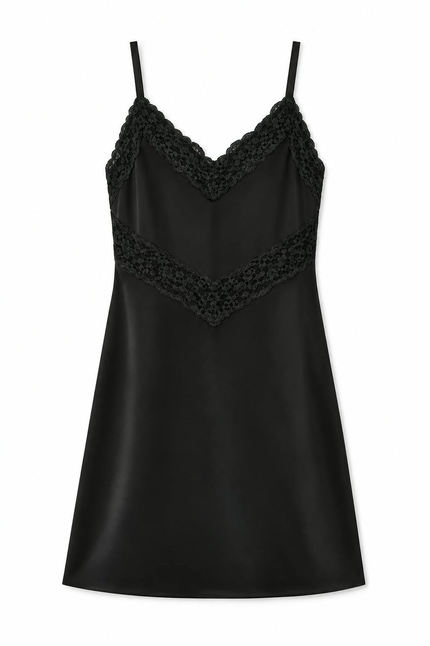 Jewels Black With Black Lace Satin Dress With Lace Trim