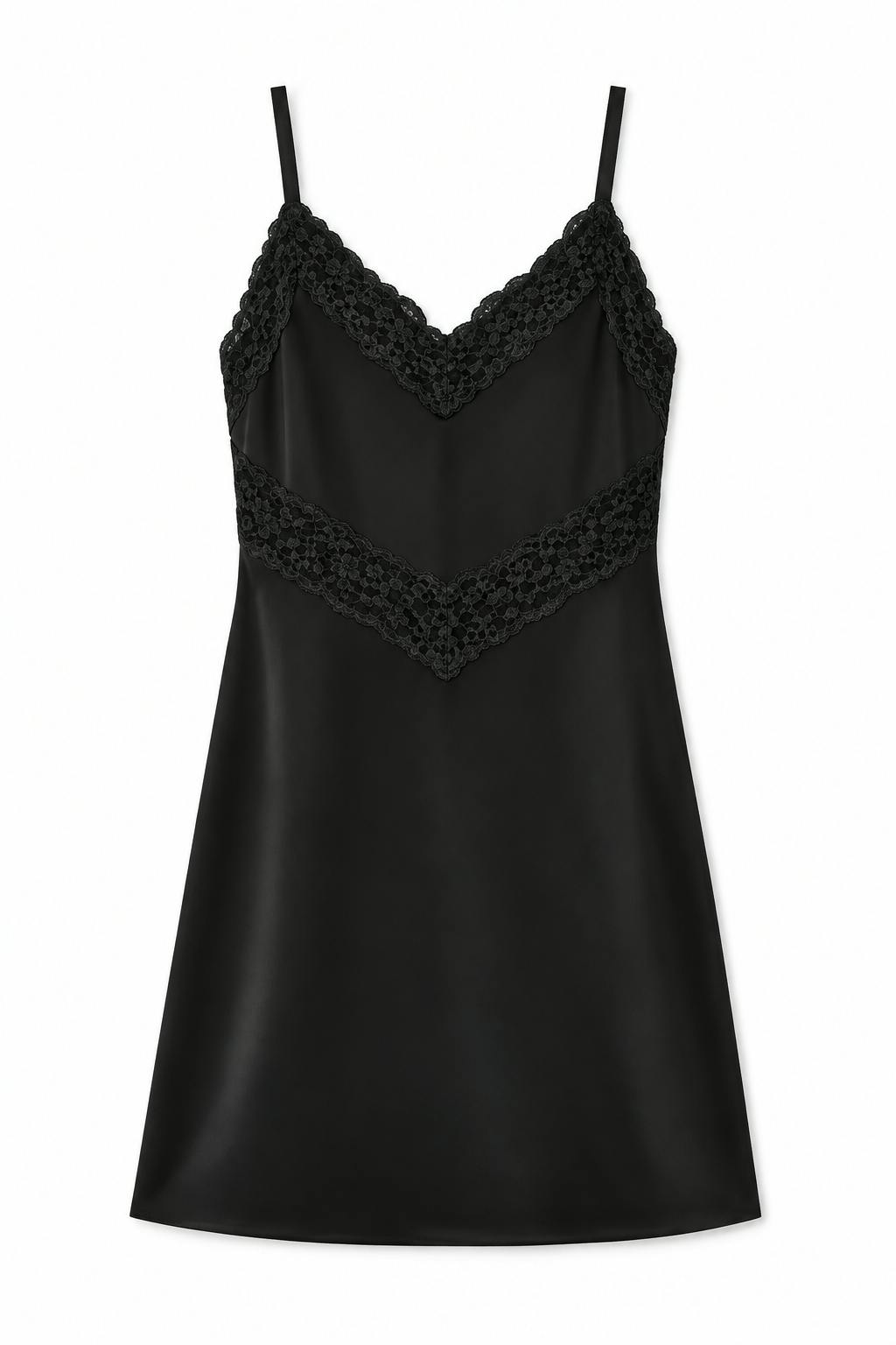 Jewels Black With Black Lace Satin Dress With Lace Trim