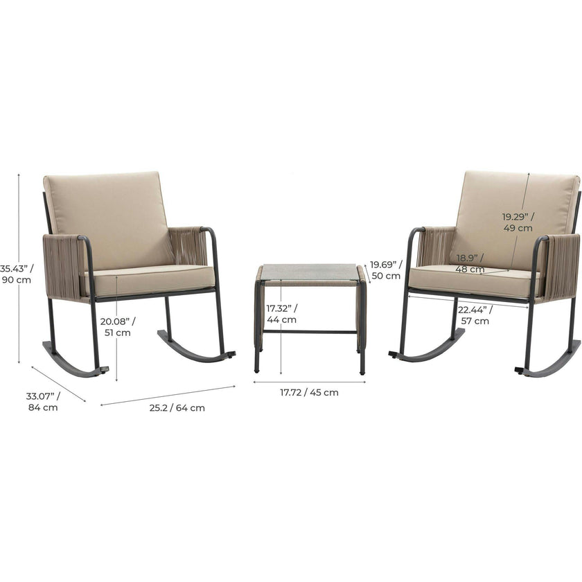 Teamson Home Steel Frame Rocking Chair Conversation Set with Rope Accent Outdoor Furniture