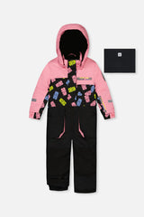 Kids One Piece Play Snowsuit Pink And Black Gummy Bear Print