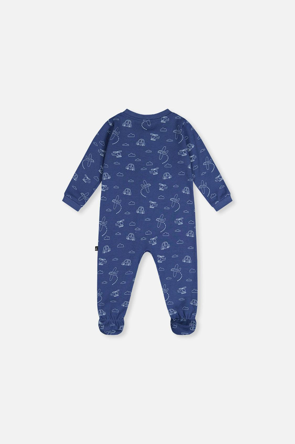 Baby Organic Cotton One Piece Pajama Blue Transport Print