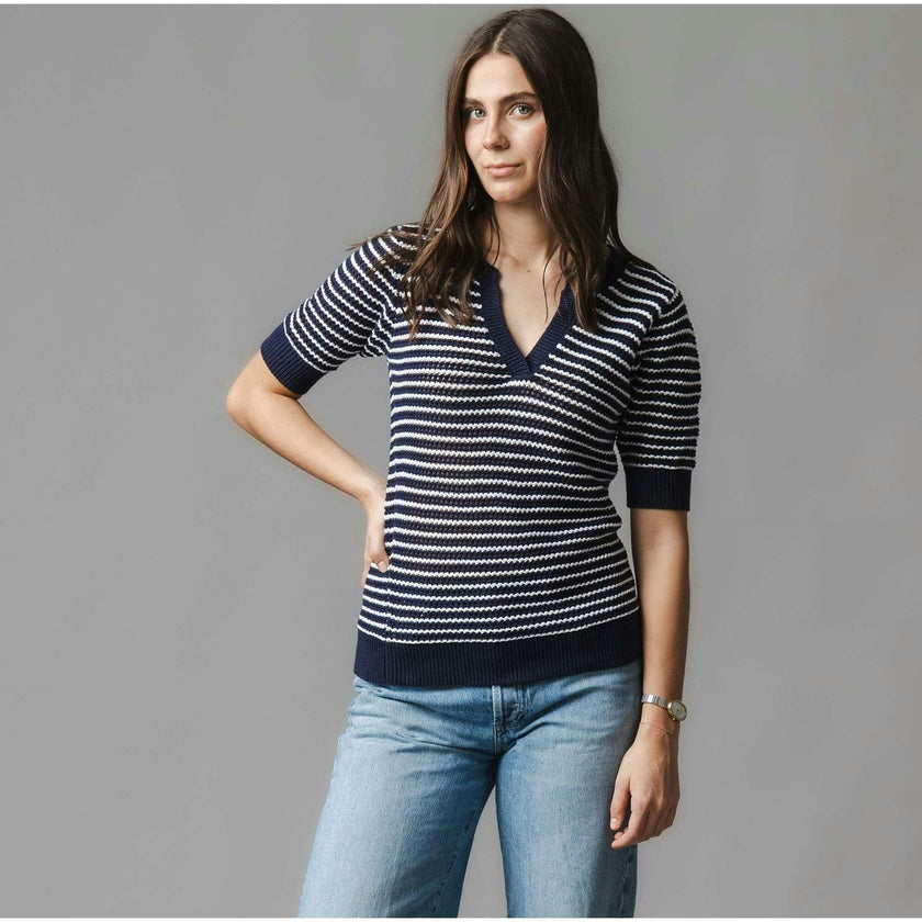 Organic V-Neck Short Sleeve Sweater, Blue