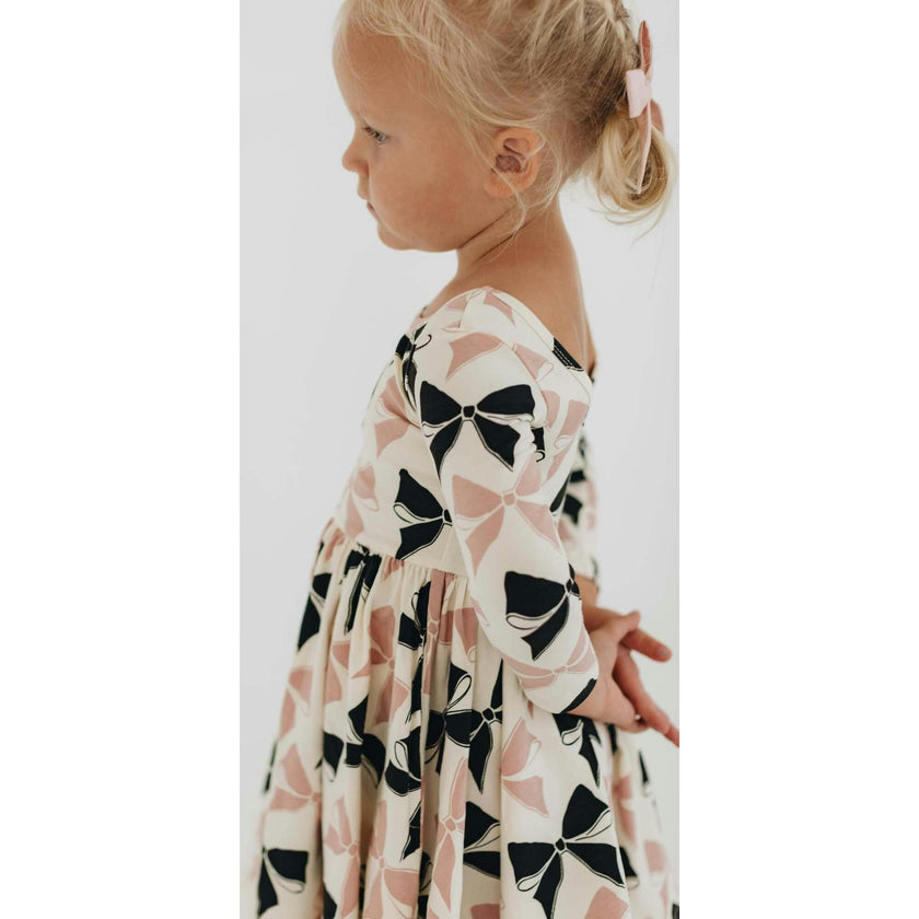 3/4 Sleeve Twirl Dress in Vintage Pink and Black Bows