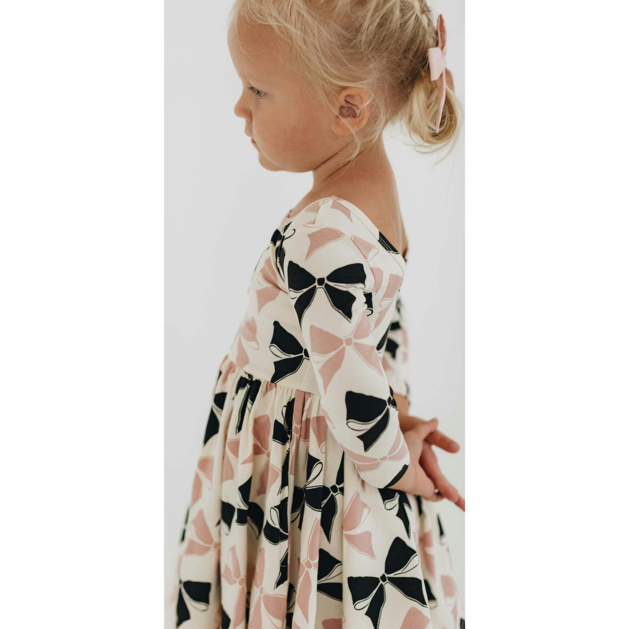 3/4 Sleeve Twirl Dress in Vintage Pink and Black Bows