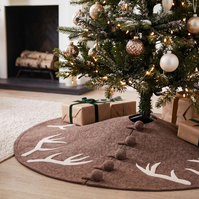 Handmade Felt Antlers Gray Christmas Tree Skirt 60" / 72"
