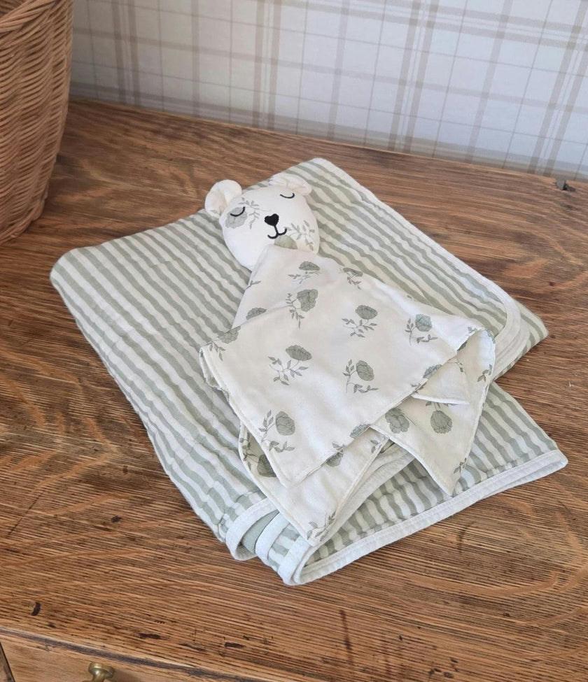 Ellis Green Stripe QUILTED 6 Layer Gauze Blanket