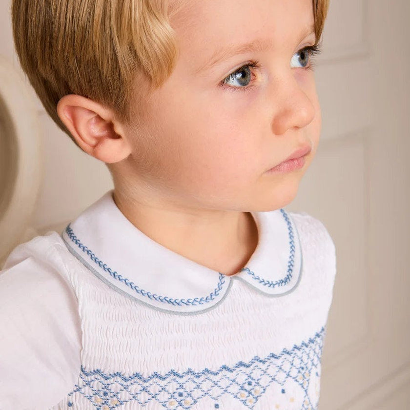 Hand Smocked Peter Pan Collar Short Sleeve Two Piece Set in Sky Blue (12mths-6yrs)