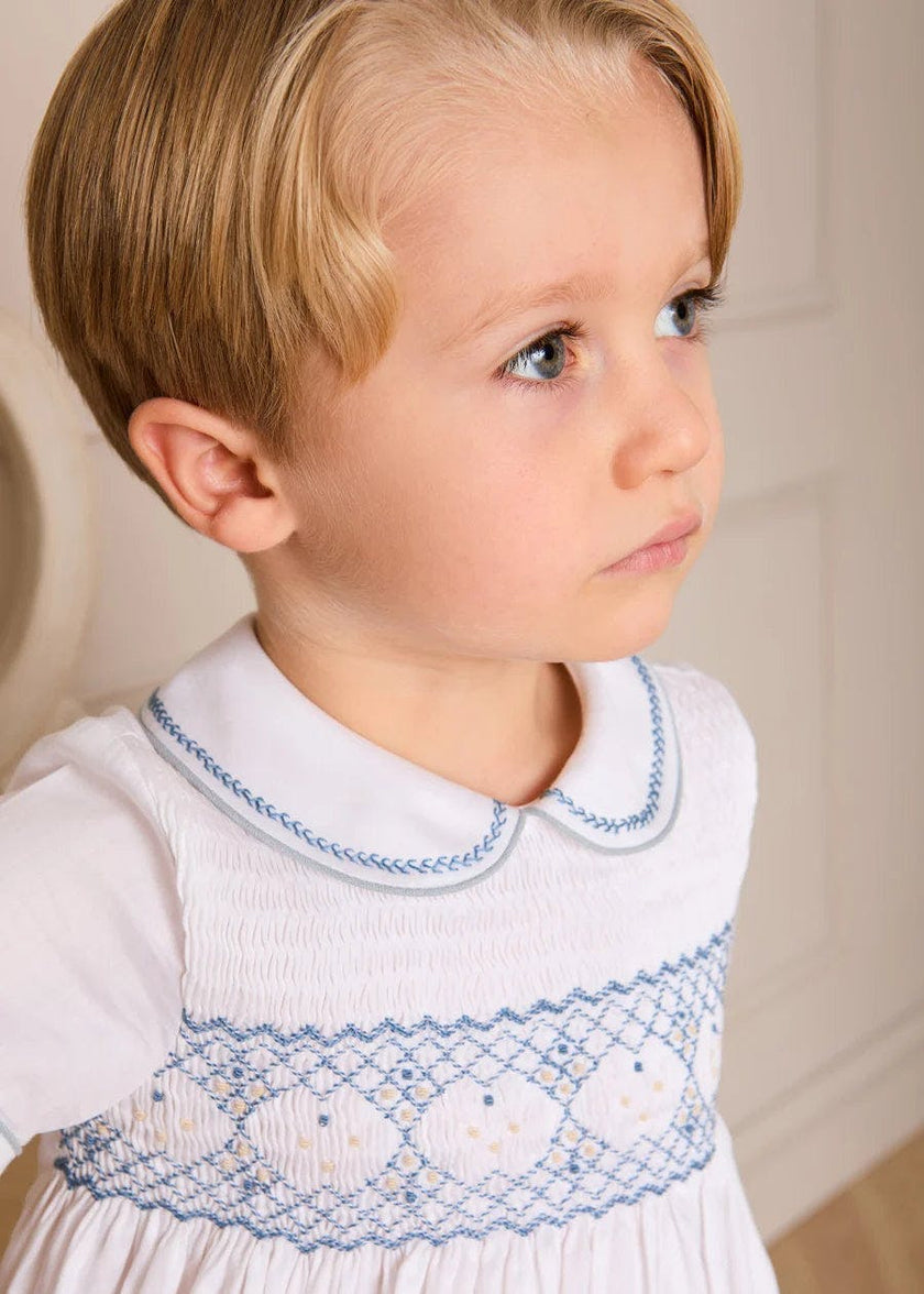 Hand Smocked Peter Pan Collar Short Sleeve Two Piece Set in Sky Blue (12mths-6yrs)