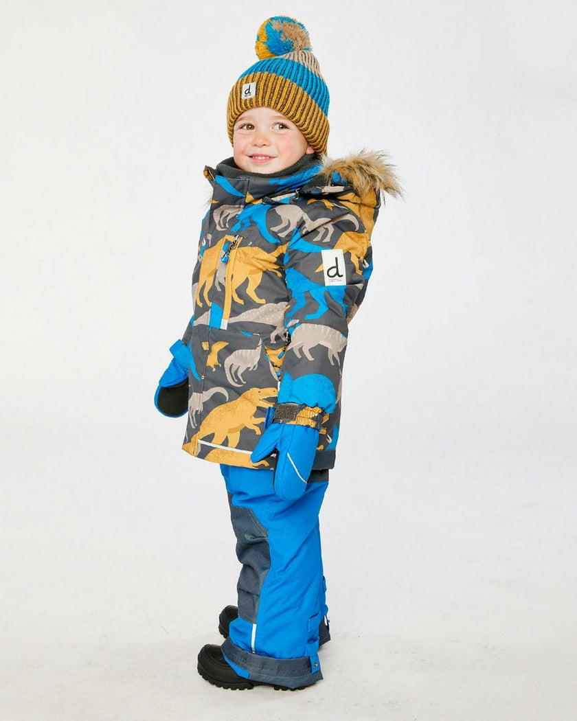Two Piece Play Snowsuit Grey and Blue Dinosaur Print with Blue Pants