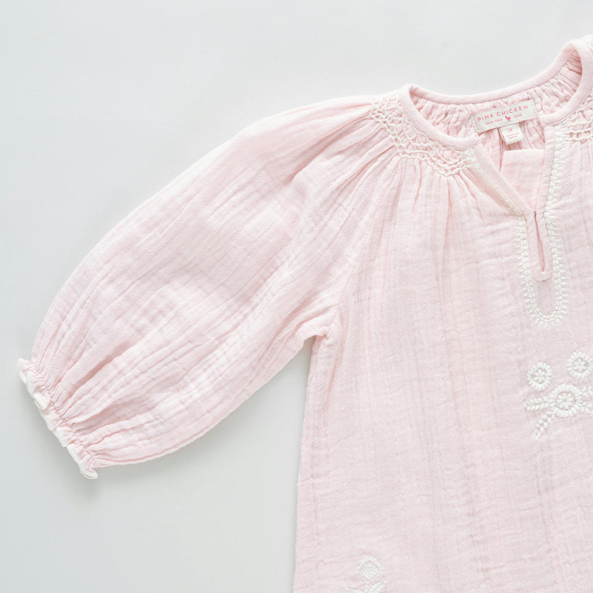 Girls Ava Dress - Pink White Embroidery