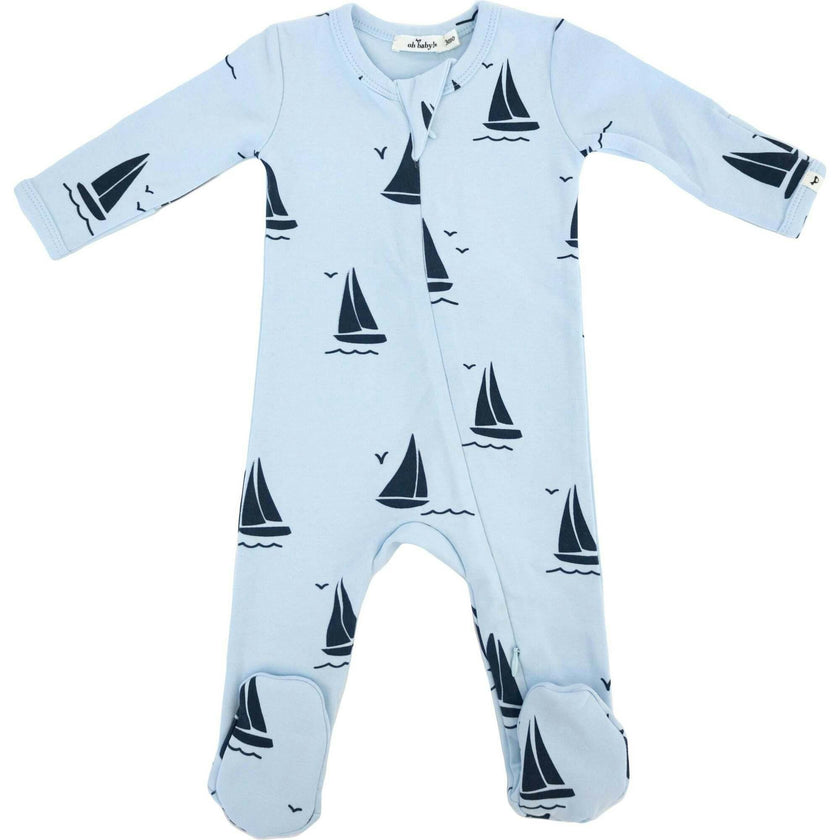 Denim Sailboat Print Zipper Footie