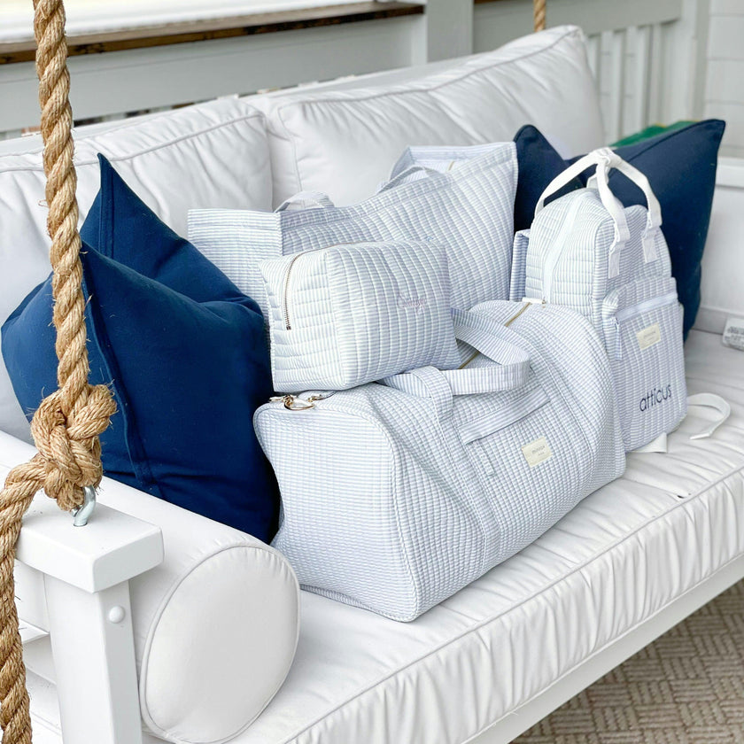 powder blue stripe weekender bag