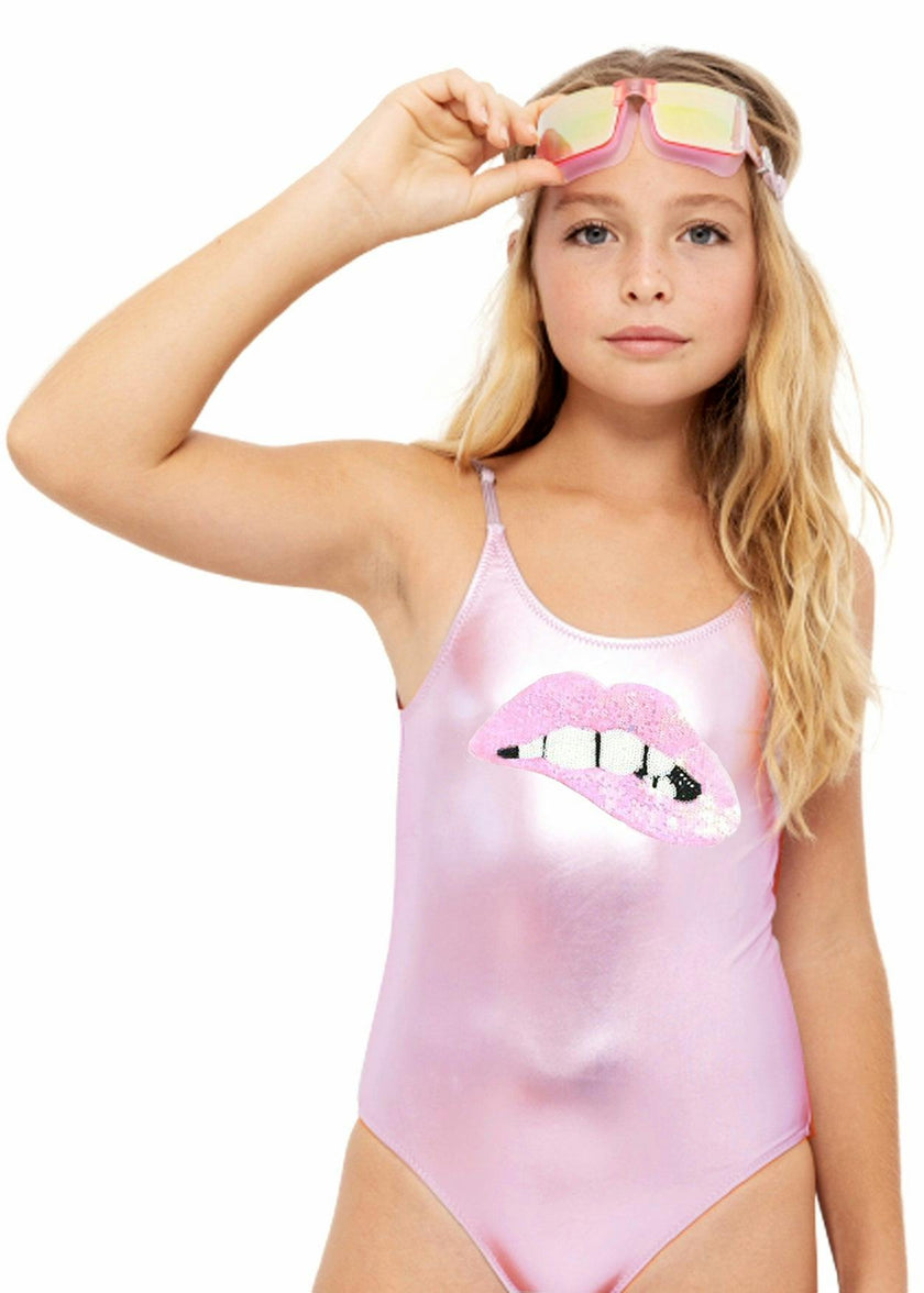 Metallic Pink Swimsuit with Sequin Lip