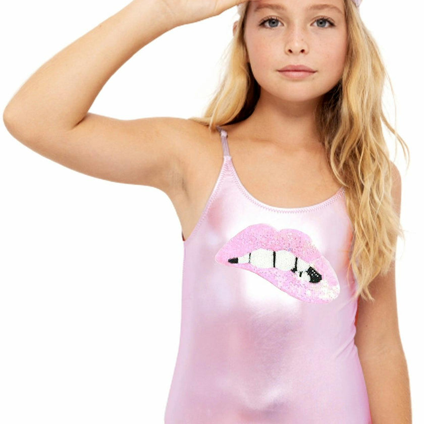 Metallic Pink Swimsuit with Sequin Lip