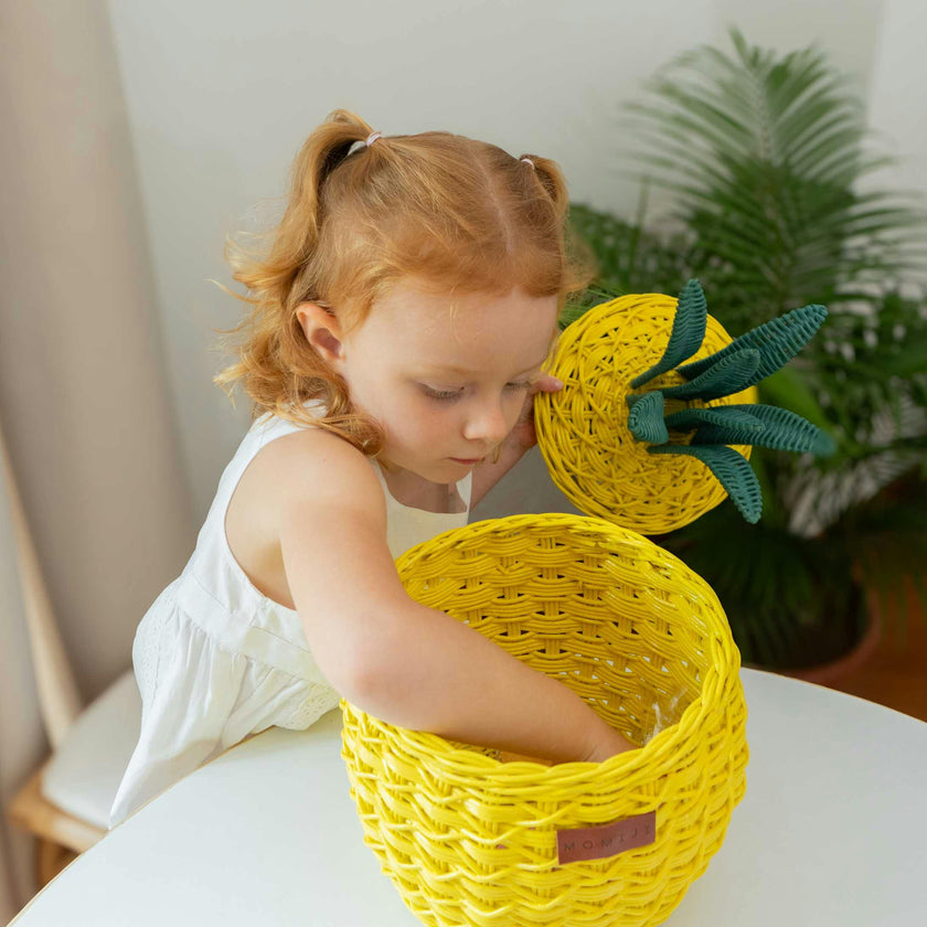 Handcrafted - Pineapple Storage Basket Yellow (Small) - Rattan Wicker