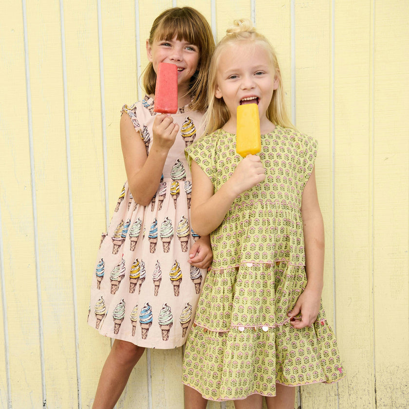 Girls Peachy Dress - Green Prairie Block Print