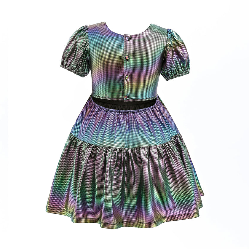 Retro Iridescent Puff-Sleeve Dress