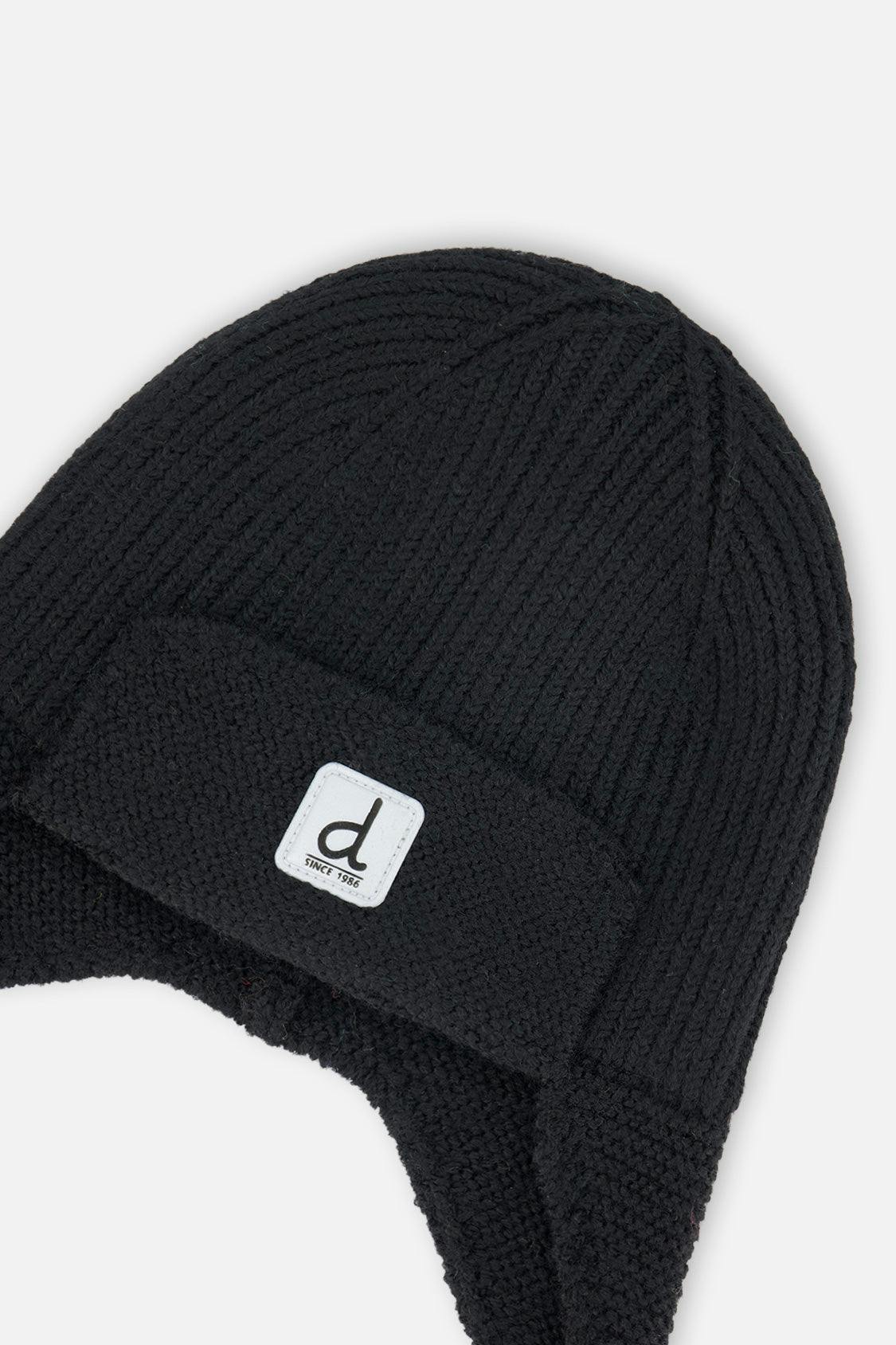 Baby Winter Knit Hat With Ear Flaps And Strings Noir